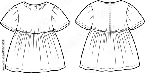 Short dress flat sketch, technical fashion drawing, vector apparel design, garment template, sewing pattern, cad illustration, clothing flat vector, puff sleeve, gathered waist