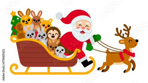 Holiday Season Delight: An illustration depicting Santa Claus merrily piloting his sleigh, laden with an array of charming animal companions and Christmas cheer, spreading festive joy and excitement.
