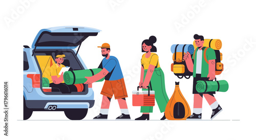 Group Prepares For A Journey, Loading Gear Into Car With Camping Equipment Present