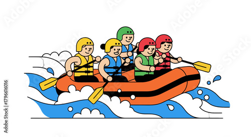 Group Rafting Adventure On Raging River With Animated Characters And Simplified Style