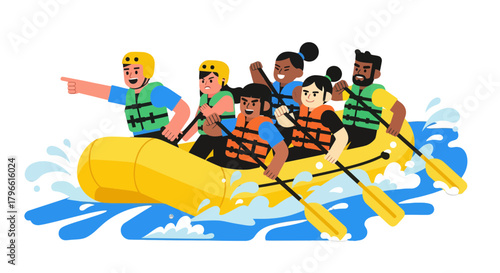 Group Rafting Adventure: Exhilarating Whitewater Expedition Illustrative Design