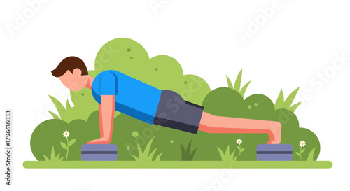 Healthy Lifestyle Depicted Through Animated Push-ups In Lush Green Garden Surroundings