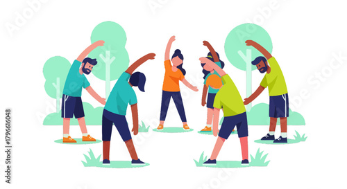 Group Stretching In The Park: A Vibrant Illustration Of Fitness And Wellbeing Activities