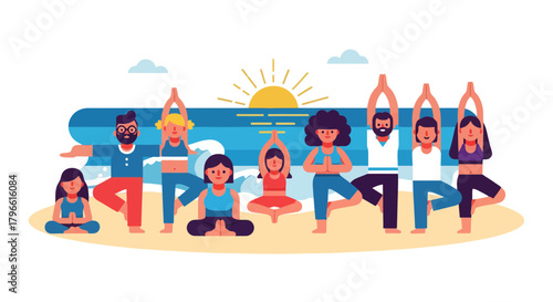 Group Yoga Session On Beach For Wellness and Mental Health During Sunrise