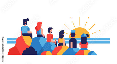 Group Watching The Sunset From Colorful Elevated Heights With Minimalist Design