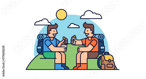 Happy Backpackers Enjoying Food Outdoors During a Sunny Day Adventure Together