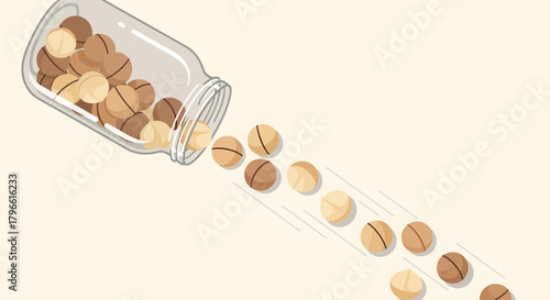 Healthy Macadamia Nuts Pouring From Jar Isolated Against Creamy Background, Ideal For Design