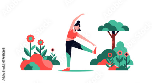 Healthy Living: A Woman in a Yoga Pose Amidst Stylized Nature Elements
