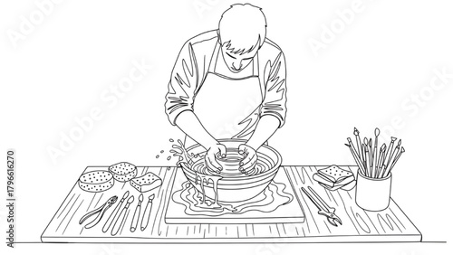 High-quality black line art of potter mixing clay with water on worktable, tools displayed, clean illustration