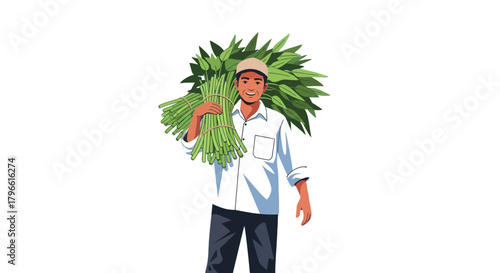 Happy Farmer Carrying Fresh Harvested Vegetables on His Shoulder to Market