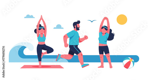 Healthy Living And Fitness Concepts Represented With Attractive Cartoon Illustrations