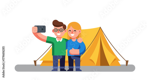 Happy Campers Taking A Selfie With A Vibrant Yellow Tent On A Camping Trip