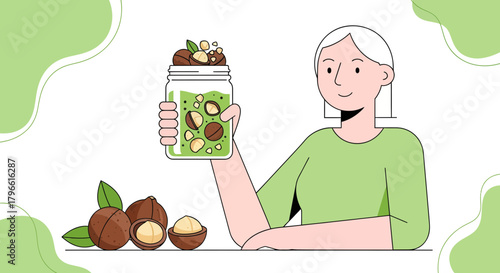 Healthy Macadamia Smoothie Illustration: Woman Presenting Nut-Infused Drink With Natural Essence