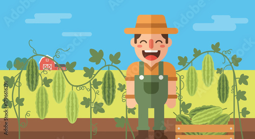 Happy Farmer Harvesting Melons With Flourishing Yields And A Bountiful Harvest Season