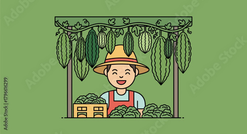 Happy Farmer Harvesting Vegetables from Garden with Vine Hanging Gourds Scene