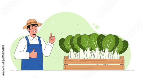 Happy Farmer Showing Thumbs Up Next to Box of Freshly Harvested Bok Choy