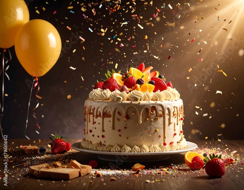 Fototapeta Naklejka Na Ścianę i Meble -  Delicious cake with assorted fruits and confetti