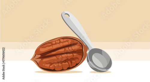 Healthy Pecan Nut Interior Composition with a Silver Spoon on Creamy Background