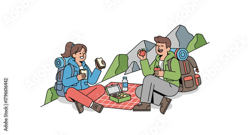 Happy Hikers Enjoying Picnic Lunch With Beautiful Mountain Scenery In Background