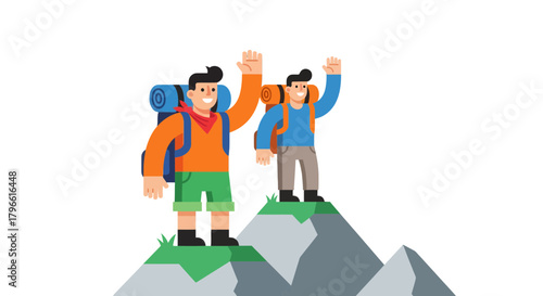 Happy Hikers Celebrating Achievement, Reaching Mountain Top, Cheering for Adventurous Success