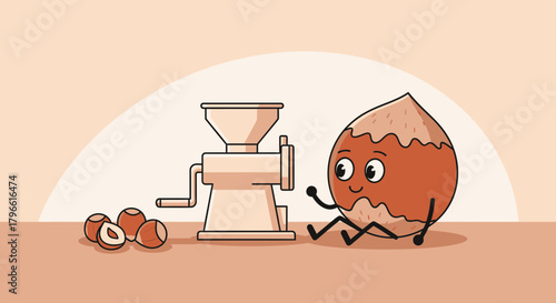 Happy Nut Character Ready For Processing With A Fun Nut Grinder Machine And Nuts