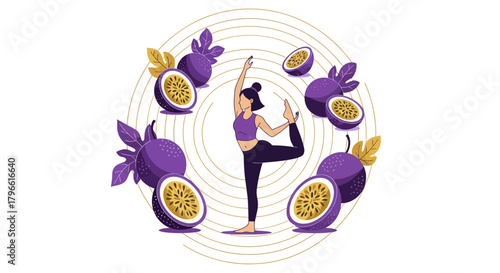 Healthy Yoga Practice with Exotic Fruits: A Vibrant and Artistic Illustration