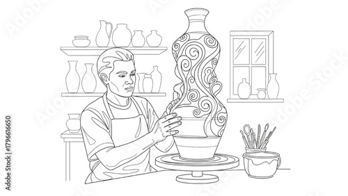 High-quality black line art of sculptor creating large decorative ceramic sculpture, artistic workshop setting, clean white background