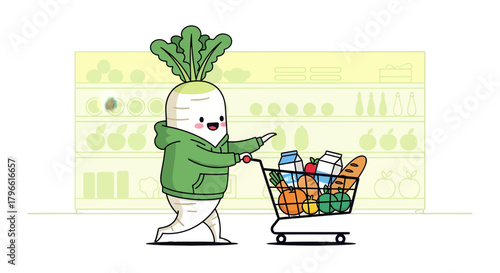 Happy Vegetable Mascot Doing Healthy Grocery Shopping With Shopping Cart