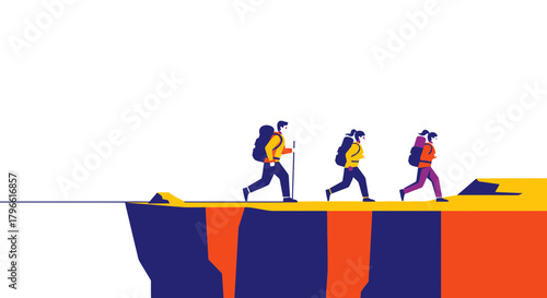 Hikers Adventure Towards The Edge In A Minimalist Illustration With Strong Colors