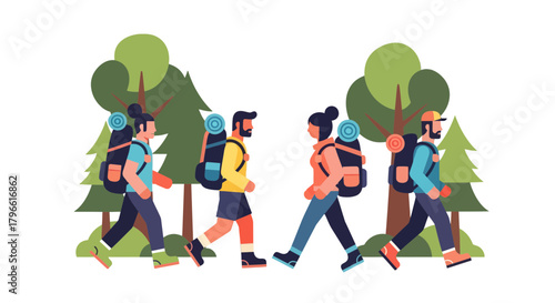 Hikers Adventure Through Verdant Forest With Backpacks and Woodland Exploration