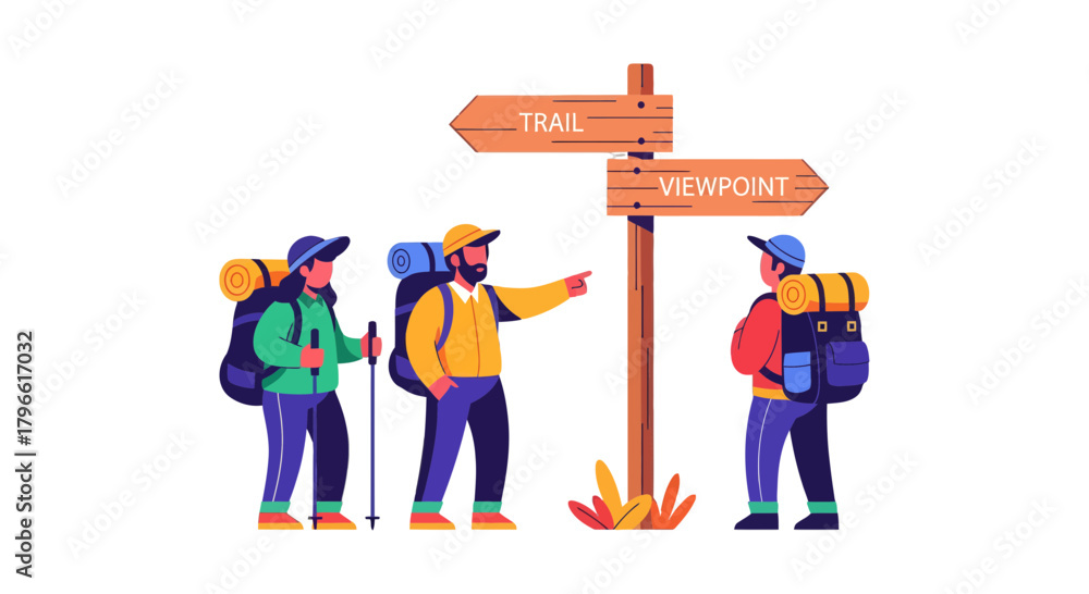 Obraz premium Hikers Choosing Direction at Trail Sign, Deciding on Trail or Viewpoint, Vector Illustration