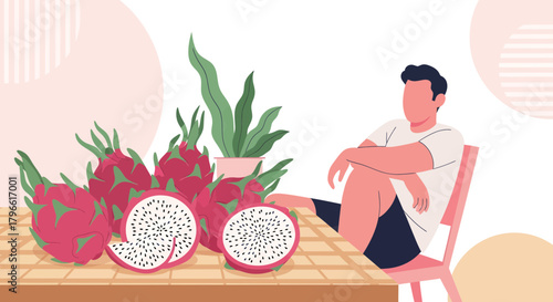 Healthy Dragon Fruit Arrangement Beside Faceless Person Relaxing on Pink Chair