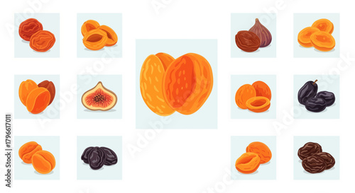 Healthy Dried Fruit Assortment Displayed In Various Arrangements and Styles