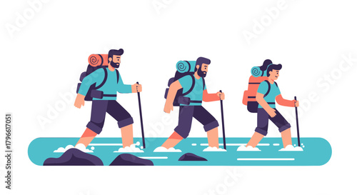 Hikers Crossing A Stream In An Adventure Illustration With Backpacks And Walking Sticks