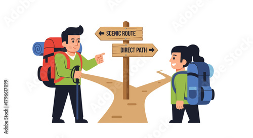 Hikers Deciding Which Way To Go On a Hiking Trail Sign Post Outdoors