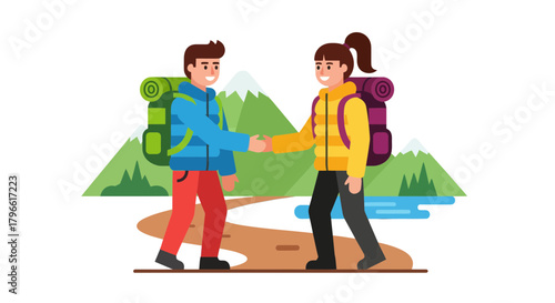 Hikers Meeting In Nature Celebrating A Successful Adventure With Greetings And Good Vibes