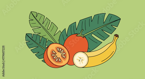 Healthy Fruit Composition Freshly Displayed With Tropical Plant Leaves in Vibrant Style