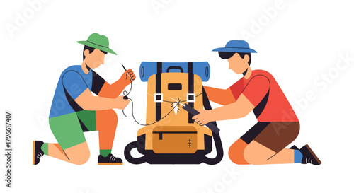 Hikers Repair Backpack Illustration Depicting Cooperative Effort In Outdoor Adventure