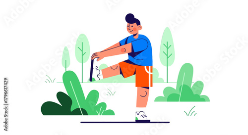 Healthy Lifestyle Concept: Animated Athlete Stretching In The Park Before Workout Routine