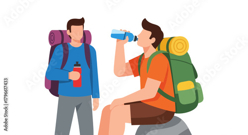 Hikers Resting And Replenishing Fluids On A Trail Against A Black Backdrop
