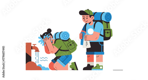 Hikers Resting And Refreshing Themselves With Water And Towel At A Trailhead