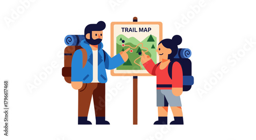 Hikers Reviewing Trail Map Planning Adventure and Journey in the Wilderness