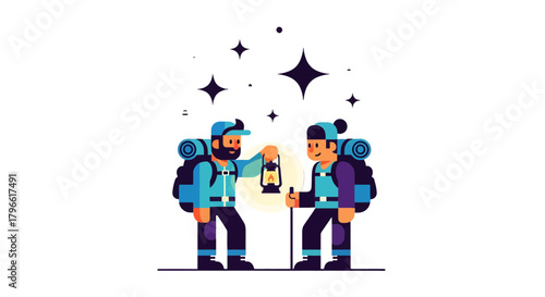 Hikers Sharing Light on a Dark Adventure Under the Sparkling Night Sky Illustration