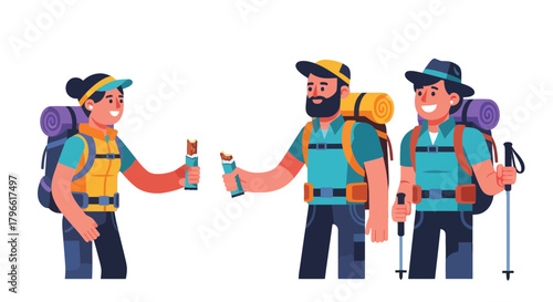 Hikers Sharing Snack Bars After A Rewarding Trek With Mountain Views And Hiking Equipment