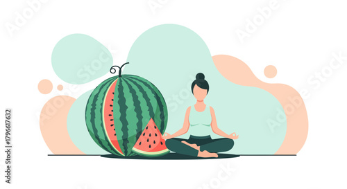 Healthy Lifestyle Concept: Woman Meditating Near a Fresh, Juicy Watermelon