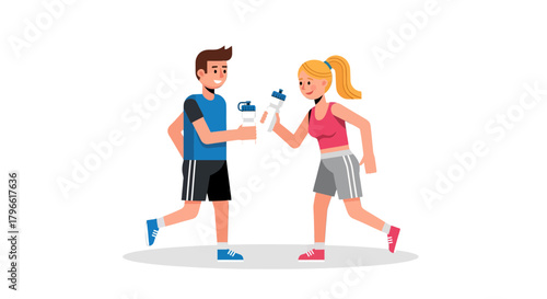Healthy Lifestyle Depicted Between Two Persons Exercising And Hydrating In Motion