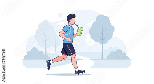 Healthy Lifestyle Concept: Man Jogging Outdoors And Drinking Green Juice For Hydration