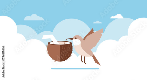 Hummingbird Quenches Thirst With Refreshing Drink Amidst Fluffy White Clouds