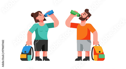 Hydration And Refreshment: Two People Recharging After A Journey Together