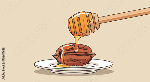 Honey Drizzling Over Pecan Nut On A Plate In A Stylized Illustration